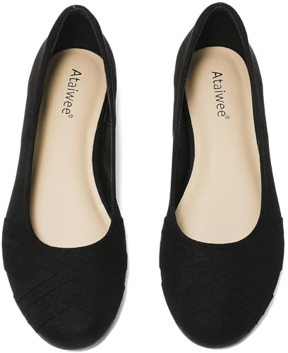 Ataiwee Women's Wide Width Flats Shoes - Elegant Slip-on Ballet Flats with Solid Color Round Toe Design.(1910002-2412, BK/MF, UK7.5 Wide)