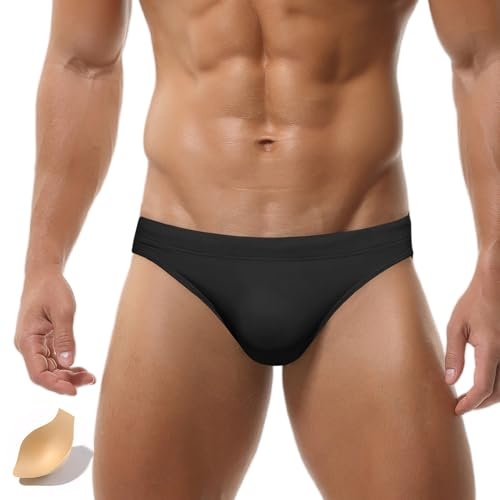 AIEOE Costume da Bagno Uomo a Vita Bassa con Imbottitura Rimovibile per Spiaggia e Piscina Slip Parigamba Nero Tag Taglia L/EU Taglia M