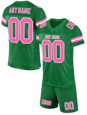 Maillot de Football Américain Personnalisable pour Hommes Femmes Jeunes Préscolaires Personnalisé Sport Maillots avec Logo Nom et Numéro Manches Courtes à Séchage Rapide T-Shirts avec Shorts Green
