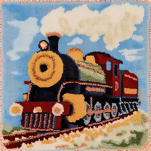 Kit gancio di chiusura fai-da-te,treno retrò dei cartoni animati,kit gancio di chiusura per cuscino stampato gancio di chiusura fai da te per principiant,43x43cm