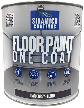 SIRAMICO COATINGS One Coat Anti-Slip Floor Paint | 1 Litres | 5 Modern Colours I Waterbased, Quick Drying Formula | White, Black, Greys (Dark Grey, 1 Liter)