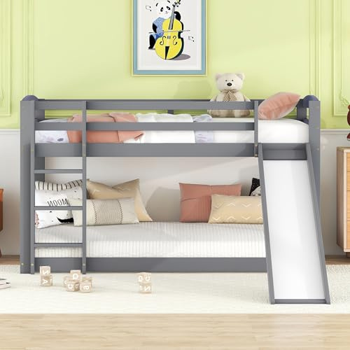 Oxtao Letto a castello per bambini e ragazzi, 90 x 200 cm, con scivolo, telaio in legno massiccio, facile da montare, senza materasso (grigio, 90 x 200 cm)