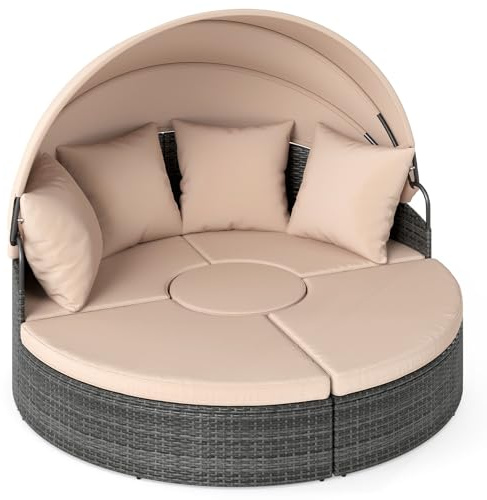 COSTWAY 2 in 1 Isola Prendisole per 2 Persone da Giardino, Lettino Prendisole Rotondo in Rattan con Tettuccio Retrattile e Cuscini, Letto da Esterno per Relax e Festa, 172 x 180 x 141 cm (Beige)