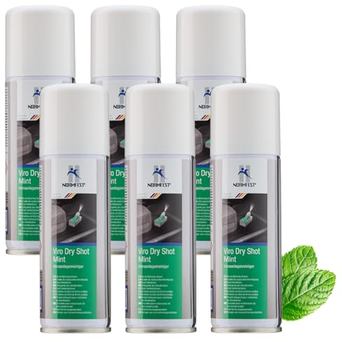 Normfest Viro Dry Shot – Klimaanlagenreiniger und Innenraum-Spray, trockene Vernebelung ohne Rückstände, neutralisiert Gerüche und Keime, Duftnote Minze, einfache Anwendung, 6x 100ml