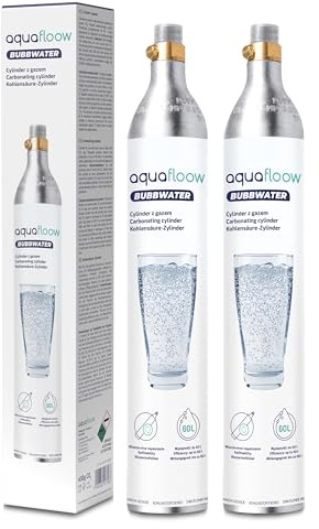 AquaFloow Cylindre CO₂ pour Machine à eau Pétillante Premium 600 ml, Cartouche pour Eau Gazeuse, Cylindre jusqu’à 60 L, Remplacement compatible avec SodaStream, Aarke- lot de 2