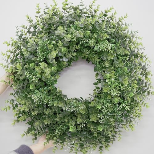 26'' Large Boxwood Wreath for Front Door Window Porch Artificial Boxwoods Greenery Leaves Outdoor Indoor Wreath for Home Door Farmhouse Wall Decor Spring Summer All Seasons Green