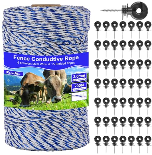 FarmNix Cuerda para Cerca Eléctrica, Hilo Polifilamento Eléctrico | 6 Hilos de Acero Inoxidable +15 Trenzas de PE, Cuerda Conductora Azul y Blanca 200m + 50 Aisladores + 1 Guía de Atornillado