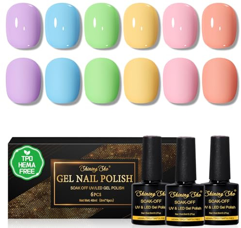 Shining She Gel Nail Polish Pastel, TPO-Free HEMA-Free, 6 Colors Pastel Purple Sky Blue Light Green Lemon Yellow Light Pink Peach Soak-Off UV Nail Polish Spring Summer for Manicure DIY at Home, 8ML