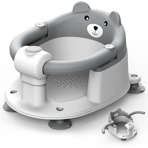 Highbird Siège de Bain pour Bébé, Chaise de Bain Antidérapant avec 4 Ventouses Puissantes et Coussin Amovible, Idéal pour Bébé de 6 à 18 Mois, Pour Bain, Portable, Facile à Nettoyer - Gris