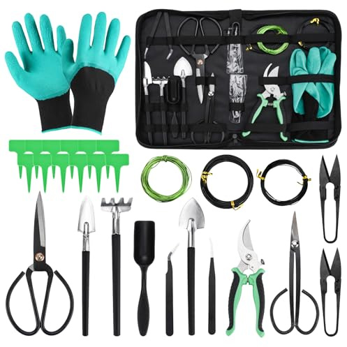 TAVADA Set di Attrezzi da Giardinaggio, 28 Pezzi Kit Bonsai con Forbici Potatura, Forbici Bonsai, Rastrello, Filo Bonsai, Guanti da Giardinaggio, per Giardino, Piante in Interni, Grasse