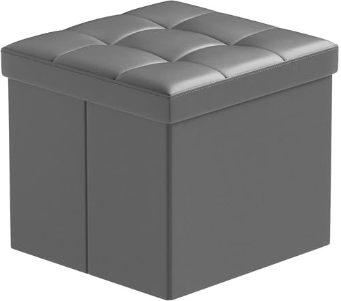 BRIAN & DANY Puff Almacenaje Plegable, Taburete de Almacenamiento con Tapa, Pequeño Baúl Otomano de Cuero para Entrada Salón Dormitorio, 38 x 38 x 38 cm, Gris
