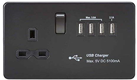 Knightsbridge SFR7USB4 mBB Screwless Switched Socket with 5.1 A Quad USB Charger, Matt Black, 13 A