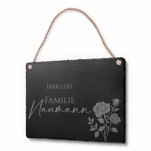 Schöne Schiefer Türschilder für die Haustür mit Gravur | Schiefer-Schild mit Kordel zum Aufhängen in ca. 20x15 cm Gravierte Namensschilder Klingelschilder mit Namen oder Texten Herzlich Willkommen