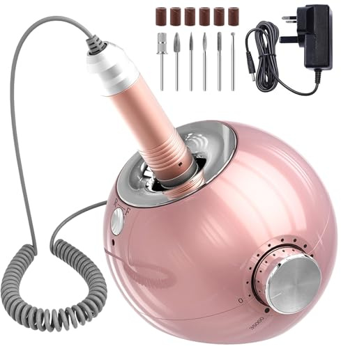 Delanie Nail Drill 35000RPM Professional Manicure Efile for Home and Salon Use with Six Sanding Bands and Drill Bits UK Plug(Wired-Pink)