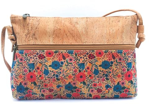 DeCarbonize Umhängtasche aus Natur Kork Crossbody Veganleder Nachhaltig Damen Handtasche (Blumenmotiv)