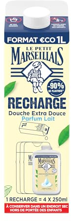 Le Petit Marseillais | Recharge Crème de Douche Extra Douce Lait (brique de 1 L) – Recharge gel douche avec 92 % d'ingrédients d'origine naturelle – pH neutre pour la peau et sans colorant