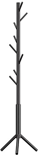 YMYNY Coat Rack Freestanding, Wooden Coat Racks with 8 Hooks, Adjustable Hall Tree for Entryway, Living Room, Hallway, Bedroom Coat Hanger for Hats, Clothes, Purse, Umbrella, Black HCR001B