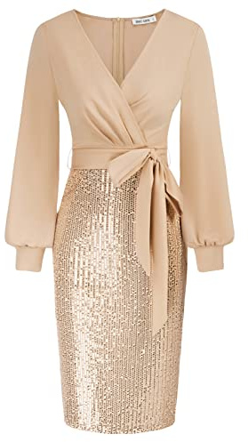 GRACE KARIN Womens Formal Cocktail Party Sequin Dress V-Neck Long Sleeve Evening Dress for Going Out Light Gold M