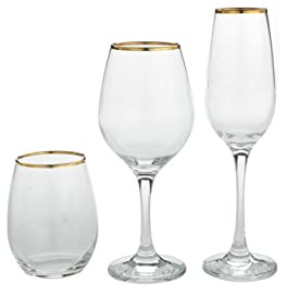 SWEET HOME Varotto & Co. Set 18 Pezzi Bicchieri in Vetro Trasparente con Filo Oro - 6 Calici Flute 20 cl, 6 Bicchieri Acqua 35 cl, 6 Calici Vino 36,5 cl cod.BC02830AU