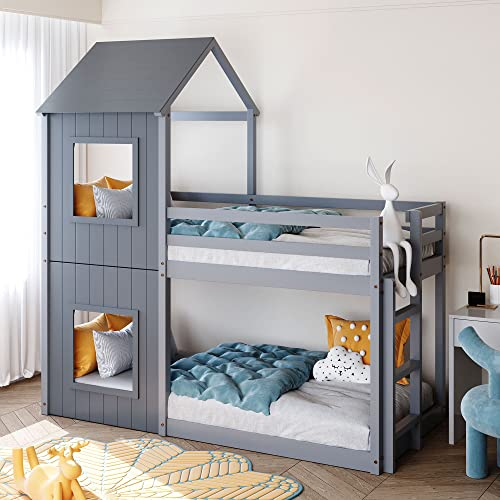90 * 200Cm Etagenbett Hausbett,Bodentief,Hausbett Kinder,Kinderbett,Hochbett Mit Baumhaus Baldachin Und Leiter,Kinderbettrahmen,FüR Jungen Und MäDchen,Grey