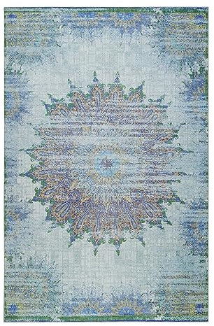 Moderner Kurzflor Teppich im Vintage Look von WECONhome für Wohnzimmer, Schlafzimmer oder Arbeitszimmer – Rooftop (110 x 170 cm, blau)