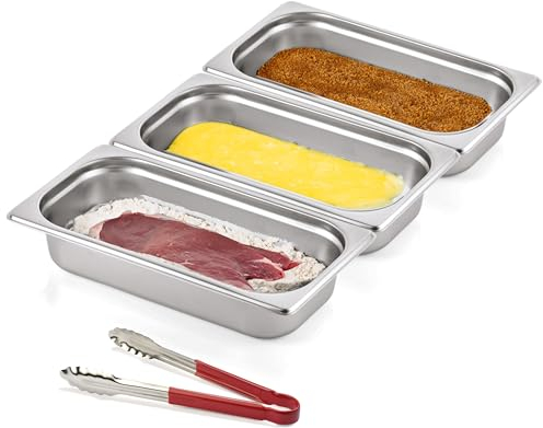 Morleos Lot de 3 bols à paner + pince rouge | GN 1/3 en acier inoxydable 32,5 x 17,6 x 6,5 cm | Volume total : 7,5 l | Panure et marinade de viande, escalopes | 0,7 mm d'épaisseur