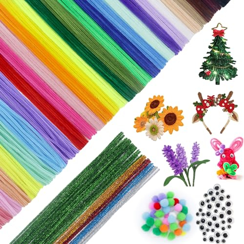 VntMQP 350 Pfeifenreiniger-Set, bunt, zum Basteln, 30 cm x 6 mm Pfeifenreiniger, geeignet für Blumen, kleine Tiere, Halloween, Weihnachten DIY-Kunstwerke (250Mehrfarbig+100Augen)