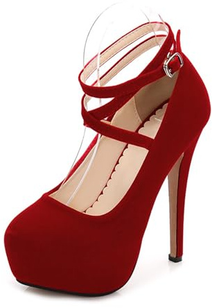 Omeslike 14CM / 5.51IN Femmes À Lanières À Bout Fermé Plate-Forme Talons Hauts Talons Pompes Stiletto Robe À Talons Hauts Fête De Mariage Bureau Pompes Chaussures Tailles 35-46,Rouge,44 EU
