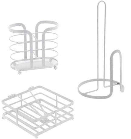 MA MAISON Set da Cucina in Filo di Ferro: 16x16x31 cm In Colore Bianco Con Portarotolo Portatovaglioli e Portabicchieri -Ideale per Organizzare la Tua Cucina con Stile Per Tutte le Occasioni