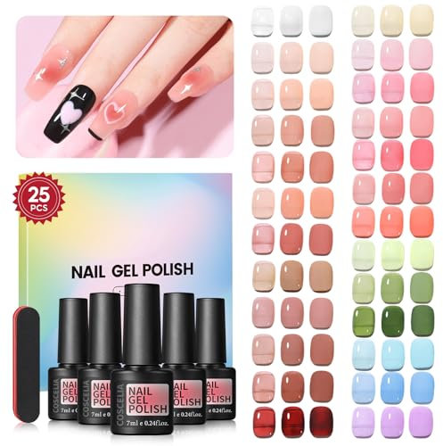 COSCELIA Vernis Semi Permanent Kit 25 Couleurs, Transparente Nude Brun Naturel Rose Rouge Cristal Vernis à Ongles Gel Semi Permanents UV LED Soak Off Manucure Nail Art Kit