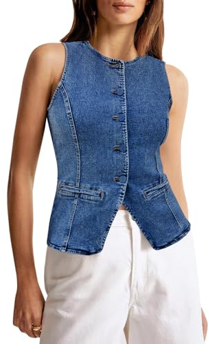 Tankaneo Womens Button Down Denim Vest Tops Sleeveless Fitted Jean Tank Tops Summer Trendy Casual Waistcoat