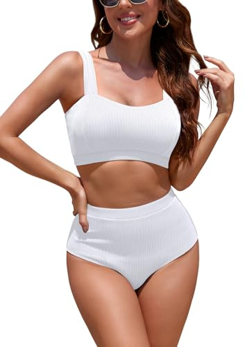 SHEKINI Maillot de Bain 2 pièces côtelées pour Femmes Décolleté en cœur Maillot de Bain Taille Haute