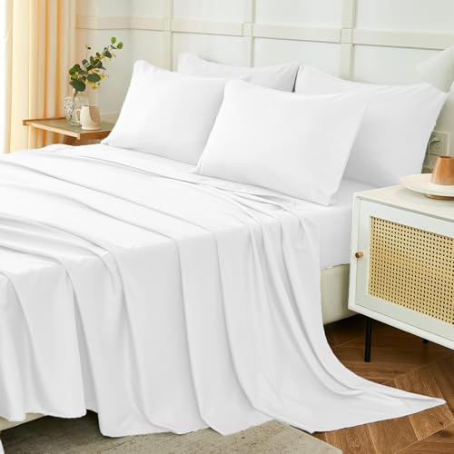 Homebliss Set Lenzuola Matrimoniali 180x190/200cm 4 Pezzi, Completo Lenzuola Letto in Poliestere, Lenzuolo con Angoli, Lenzuola e 2 Federa 50x80,Tinta Unita, Bianco