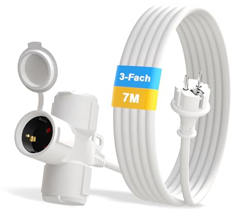 YIDE Verlängerungskabel Outdoor 7m mit 3 Schuko-Steckdosen mit Schutzkappe - 3-Fach Gummi Verlängerung Verteilerkabel - für Innenbereich Außenbereich IP44 - Baustellen Stromkabel außen 3500W - weiß