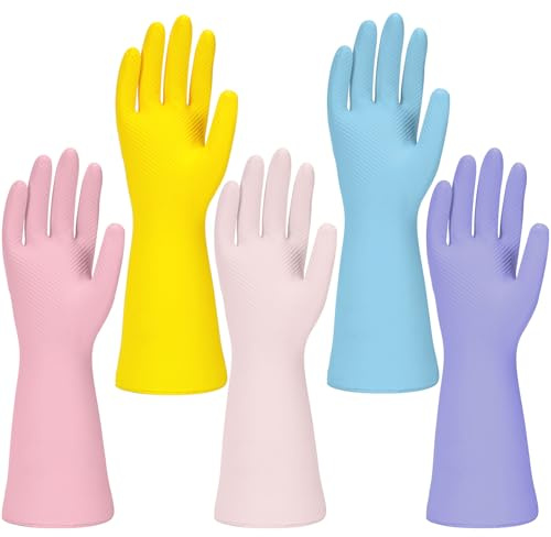 Jsocoah Rubber Kitchen Dishwashing Gloves, 5 Pairs Eusable Cleaning Gloves For Washing Dishes, Bathroom, Pet care, Garden Non-Slip Durable Rubber Gloves For Daily Use (Medium)