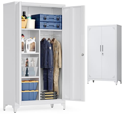 SONGMICS Armadio Multiuso, Guardaroba, Mobile da Ufficio in Metallo, con 2 Ante, 5 Scomparti, Barra Appendiabiti, Chiusura a Chiave, Piedini Alti, 80 x 40 x 165 cm, Grigio Opaco OMC018GJ01