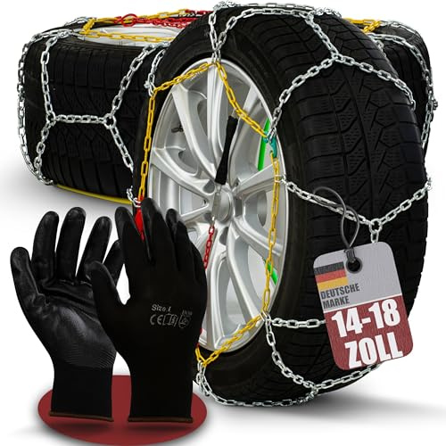 2 x Schneeketten Auto 14-18 Zoll - Inkl. Handschuhe und Aufbewahrungsbox - Super Grip & Einfache Montage - Gehärteter Stahl - EU-weit zugelassen [EN 16662-1 & ÖNORM V 5117]