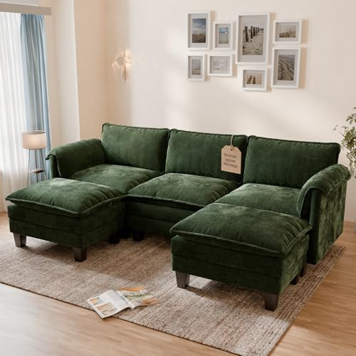 ELUCHANG Modular Cloud Sofa, 256cm Wide U-Shaped Sofa with 2 Ottomans, Modern Chenille 3 Seater Corner Couch with 62cm Deep Seat, Tool-Free Assembly Living Room, Apartments & Guest Room, Green
