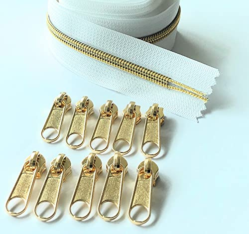 ADS Zipper Continuous Nylon No.5 Zip with Sliders #5 Chain Zipper on Roll with 10 Pullers (White (Gold - 101 LG), 196.8 - 5 metre)
