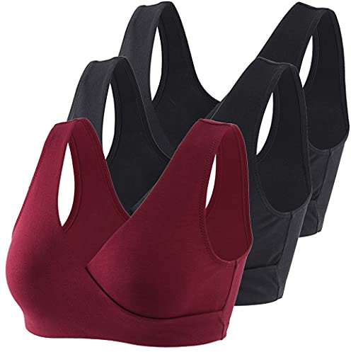 COLOMI Graviditets-amnings-bh trådlös amnings-bh i bomull för sömn, Svart + röd vin/3-pack, XL