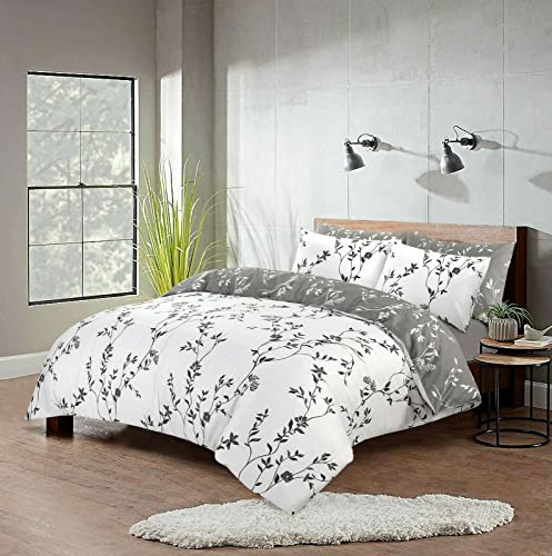 SeventhStitch Printed Floral Duvet Cover Set with Pillow Cases 100% Cotton White Grey Reversible Botanical Bedding Sets 200 Thread Count Quilt Covers Double King Super King Bed Size (Floral Daisy)
