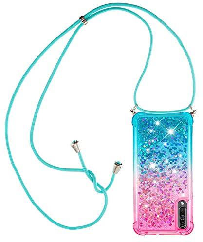 Paekear Halsband för Samsung Galaxy A7 2018/A750 silikonskal, flytande glitter flickor fodral för kvinnor, axel-gnista och snodd halsband med justerbar snodd ficka