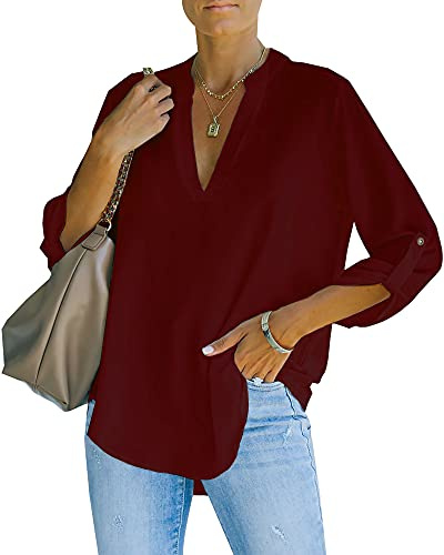 NONSAR Damblus, elegant, v-ringad, Henley, skjortblus, rullbara ärmar, lösa blusar