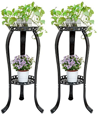 Cre Cra Plant Stand, 2 Levels, for Indoor and Outdoor Use, Flower Pot Holder, Metal Flower Stand, Black, Plant Shelf, White, Flower Pot Holder for Garden, Indoor, Balcony Decoration (Pack of 2)