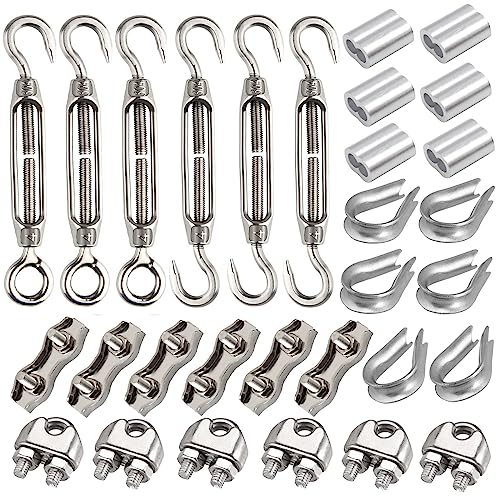 Leaum 30 Stück Spannschloss M4 Drahtspanner Set, mit Edelstahl Spannschloss M4, Drahtseilklemme 3mm Edelstahl, Drahtseil Kauschen 3mm und Pressklemme 3mm Aluminium für Gespannte Seil zu Verschärfen