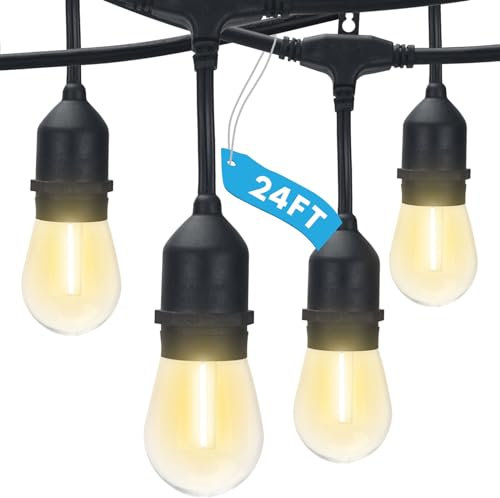 Lyx 60 m LED utomhus ljusslinga ljus kommersiell kvalitet vattentät, 12 Edison S14 skyddande glödlampor, hängande lampor för uteplats, IP65, dekorativa utomhuslampor för bakgård trädgård café balkong