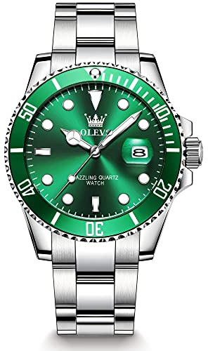 OLEVS Silber Uhr Herren Analog Kleid Quarz Großes Herren Armbanduhr Edelstahl Modern Leuchtend Wasserdicht Herrenuhren mit Datumsanzeige Schöne Grün Zifferblatt Männer Uhr Metallarmband Geschenke