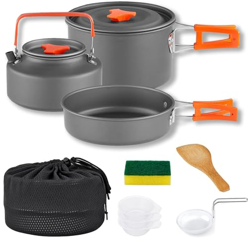 Camping Kochgeschirr Set, 10 Teiliges Outdoor Geschirr Set mit Camping Topf, Camping Bratpfanne und Teekannen mit Aufbewahrungstasche, für Camping, Outdoor Wandern, Picknick