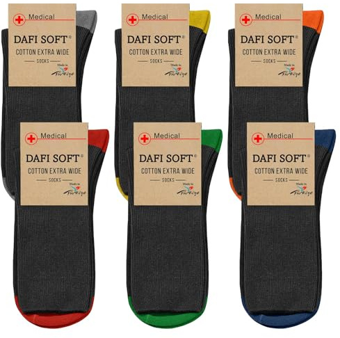 Dafi soft 6 Pairs Unisex Wide Diabetic Cotton Socks Made in Turkey (UK 9-12 / EU 43-46, 6x Black Coloured)