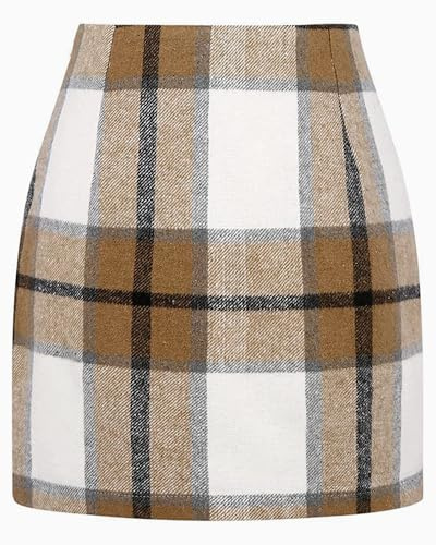 DINGJIUYAN Womens Plaid Mini Skirt Faux Wool Tartan Tube Pencil Short Skirts High Waist Bodycon Skirt Autumn Winter Spring Light Khaki XL